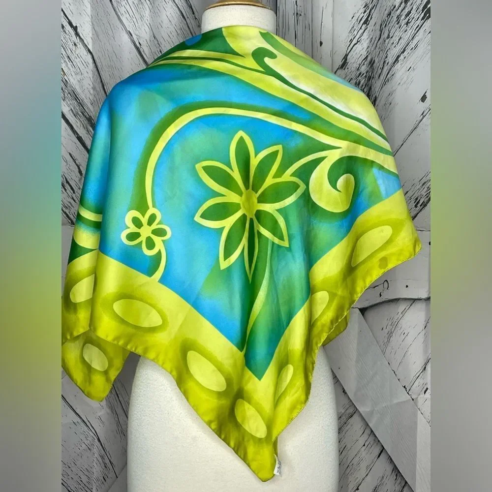 Floral Scarf Square Italy Blue Yellow - Picture 5 of 7